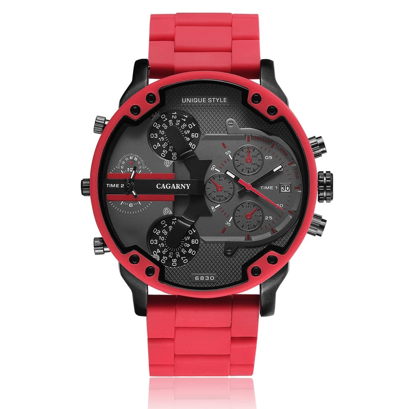 Cagarny Cool Big Quartz Watch For Men Red Silicone Steel Band Sports Wristwatch Man Military Relogio Masculino D7370 Male Clock