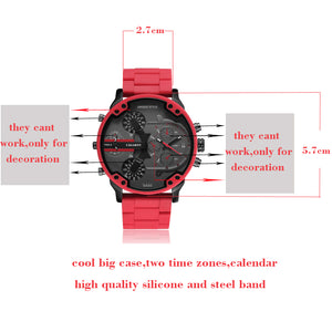 Cagarny Cool Big Quartz Watch For Men Red Silicone Steel Band Sports Wristwatch Man Military Relogio Masculino D7370 Male Clock